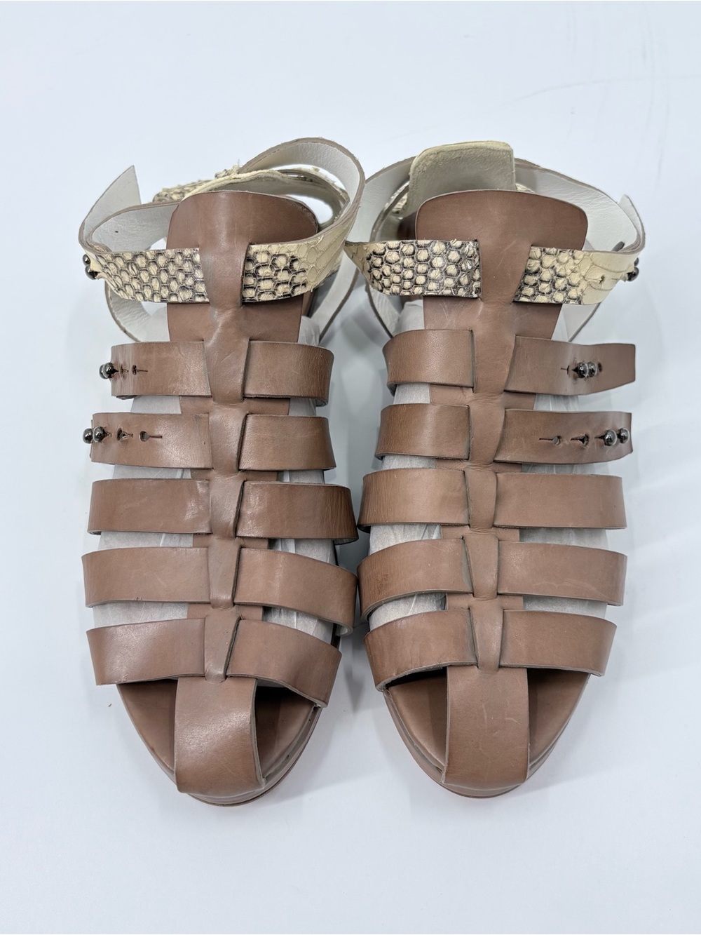 Freda Salvador Tan Leather Snake Print Fisherman Sandals
